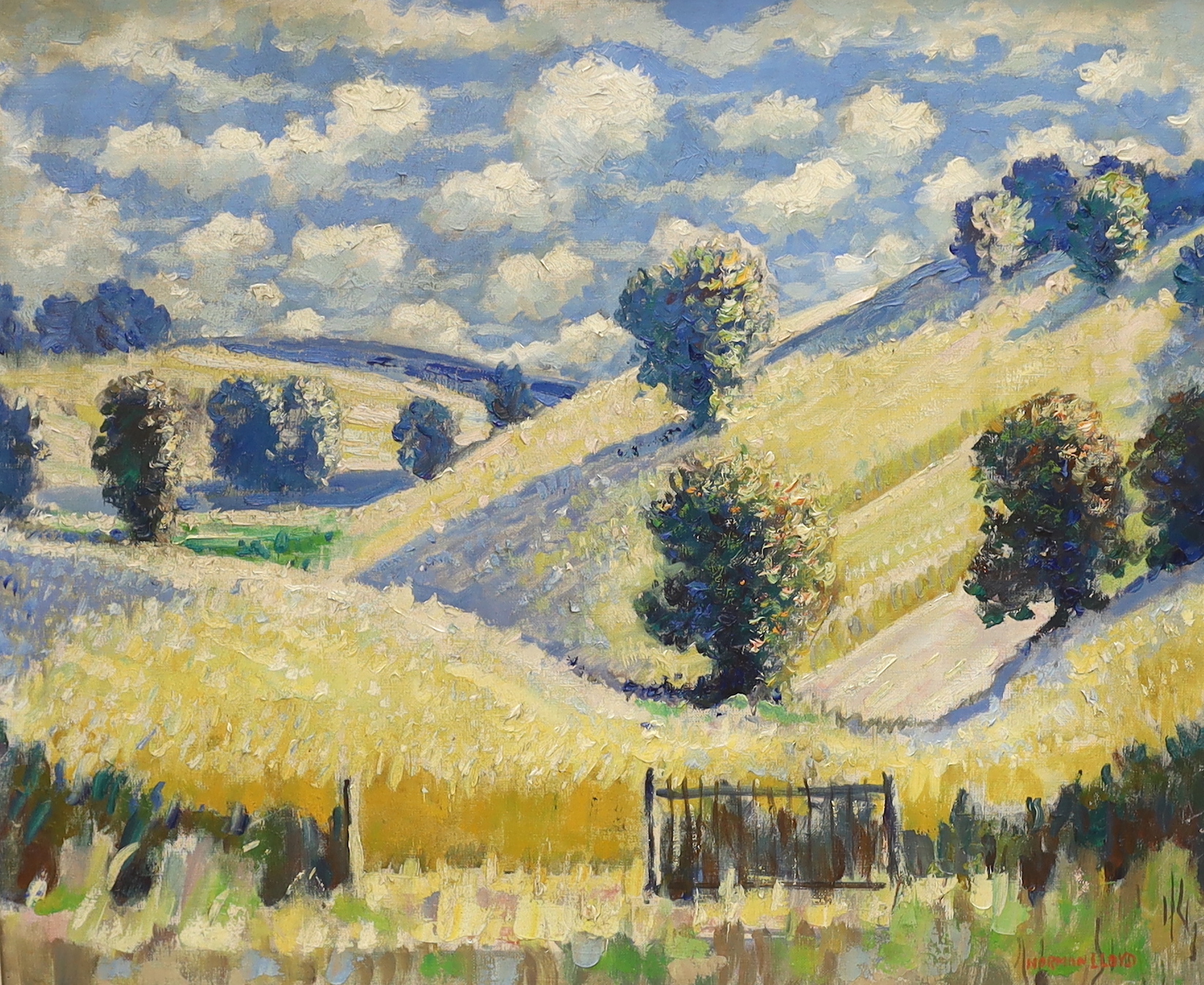 Norman Lloyd (Australian, 1897-1985), oil on canvas, Hillside landscape with trees, signed, 49 x 59cm